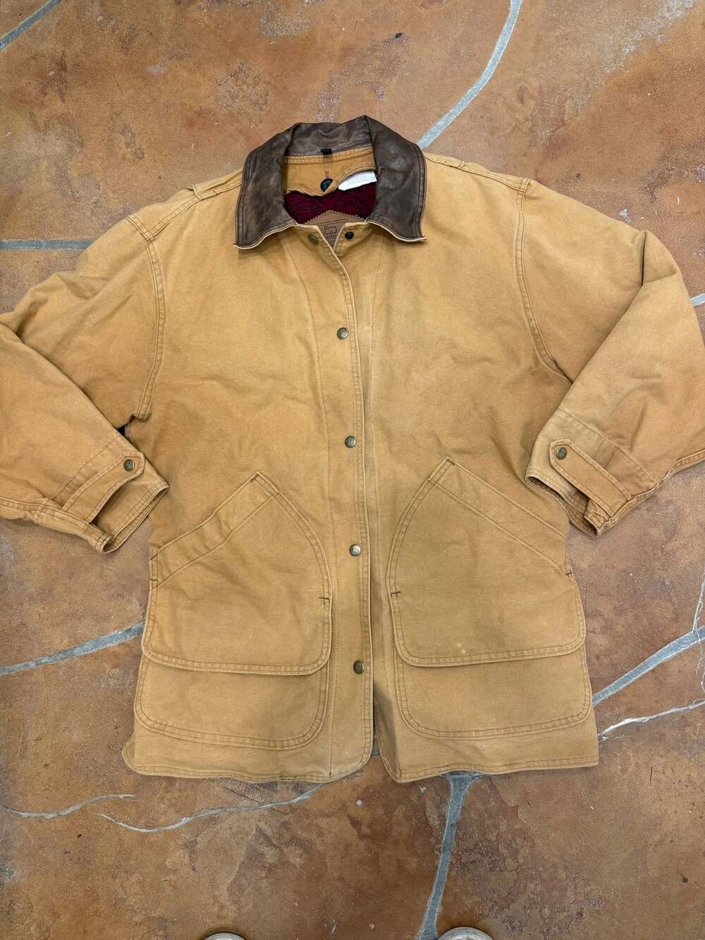 Vintage Woolrich Canvas Field Jacket Brown Leather Collar Blanket Lined -M